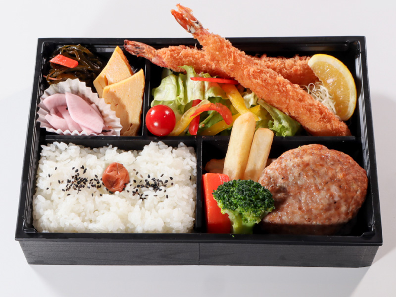 常陸牛ハンバーグと海老フライ弁当